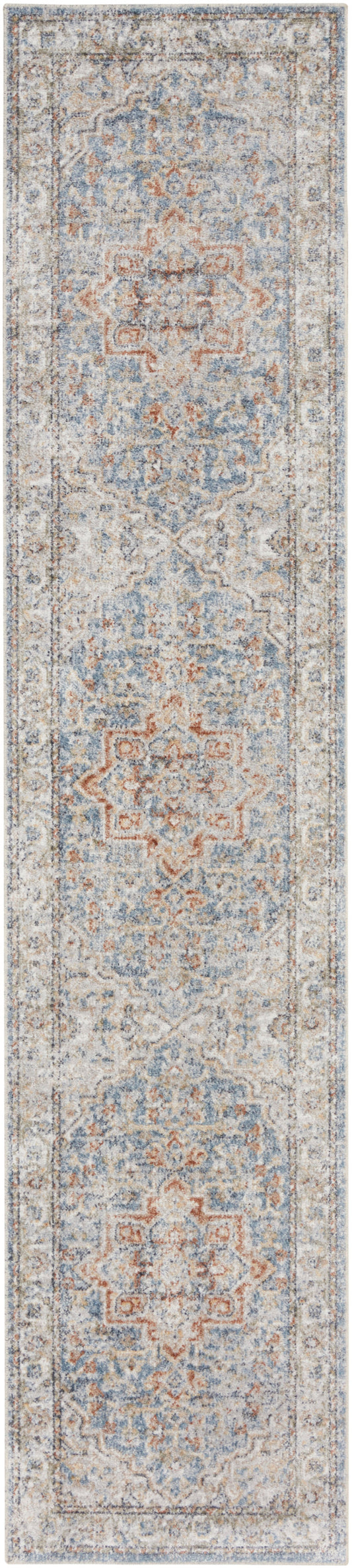 Narrow beige runner rug with ivory, blue-gray and rust ornate medallions; traditional oriental-inspired design.