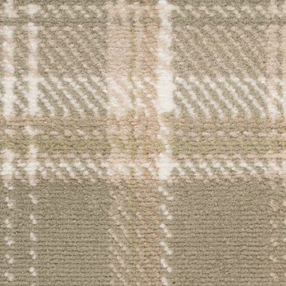 Soft beige, taupe & cream plaid rug with a fuzzy texture.
