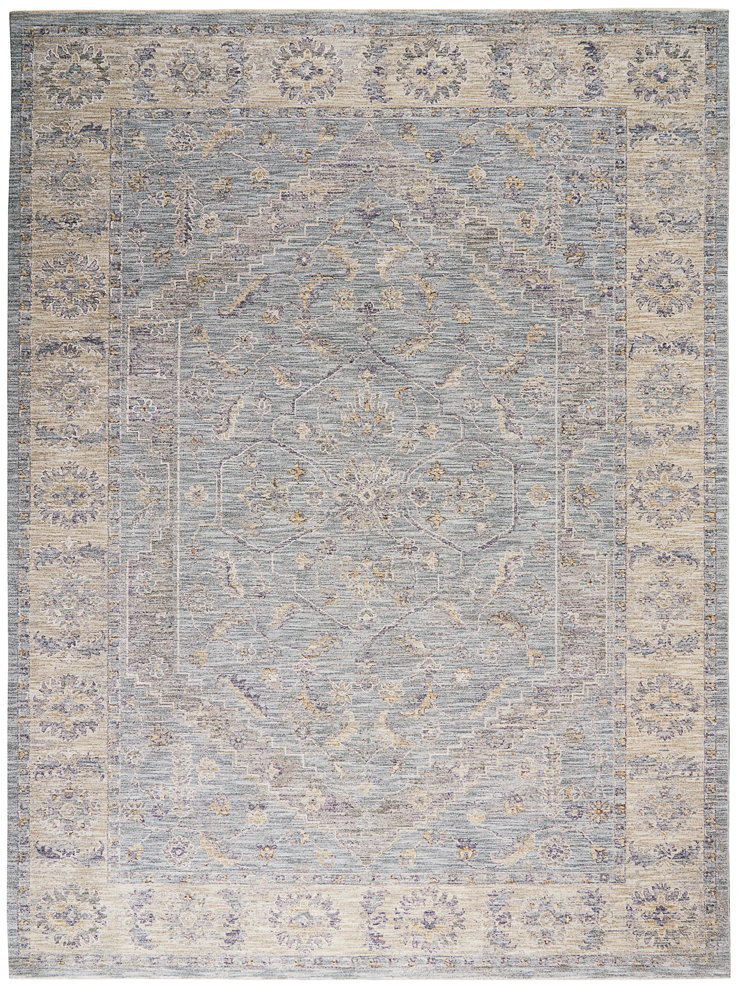 Muted blue-gray oriental rug with ivory border and faded floral medallions, vintage distressed look.