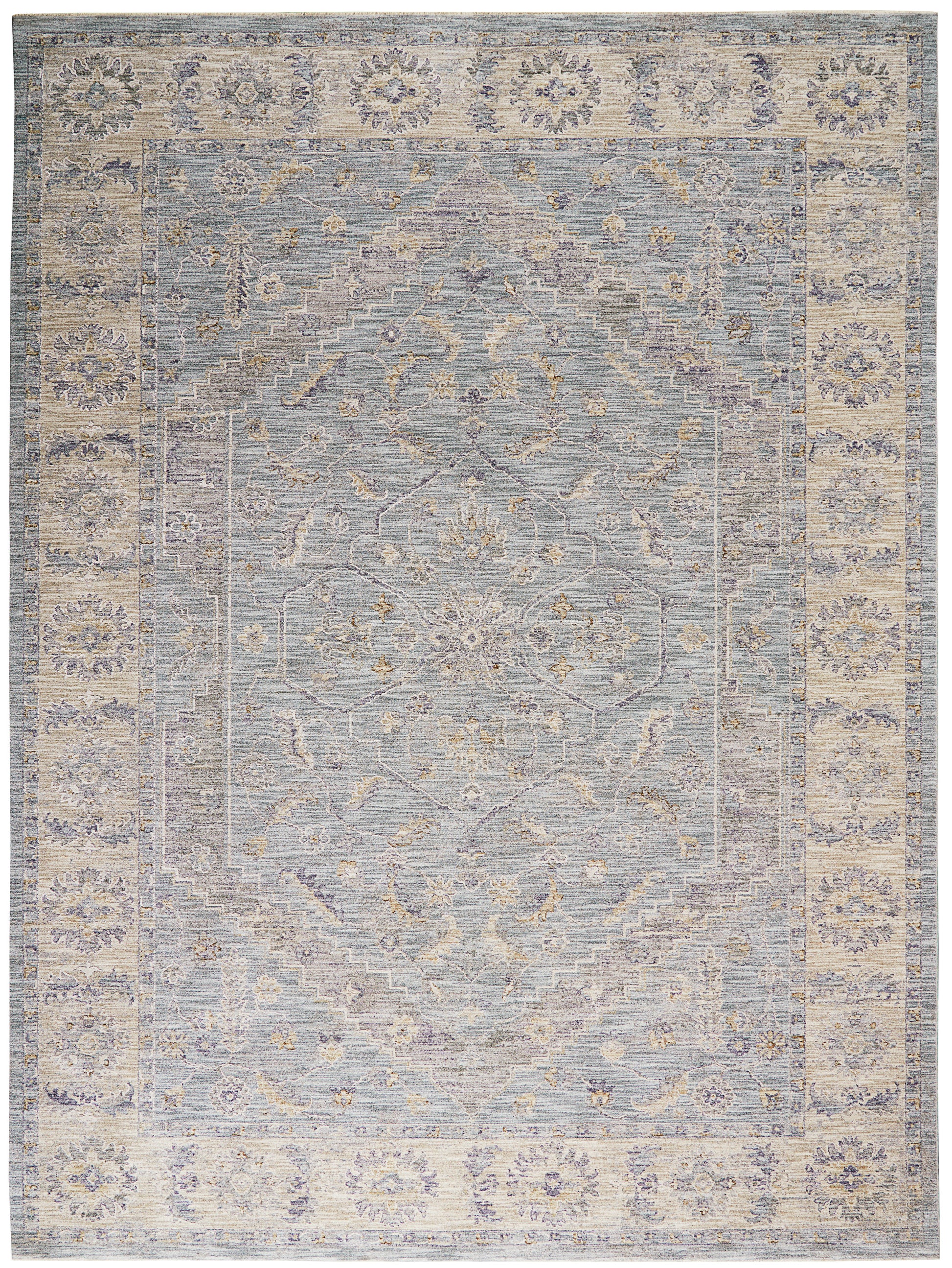 Muted blue-gray oriental rug with ivory border and faded floral medallions, vintage distressed look.