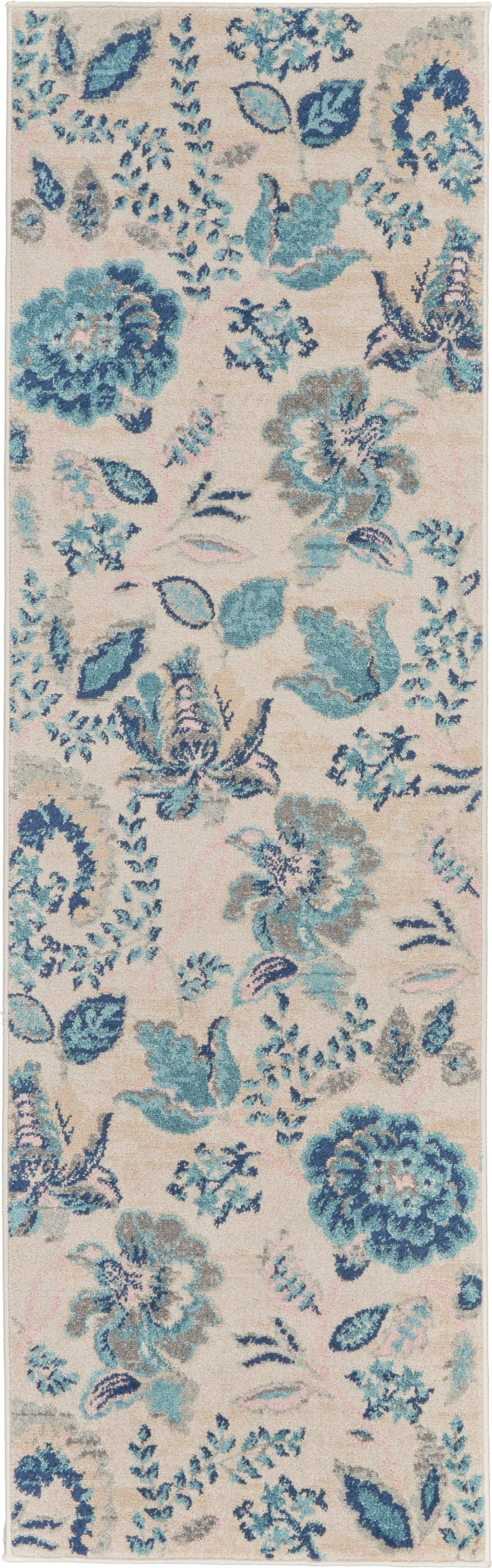 Soft beige floral runner rug with teal, blue and gray blossoms; pastel pink accents and tufted texture.