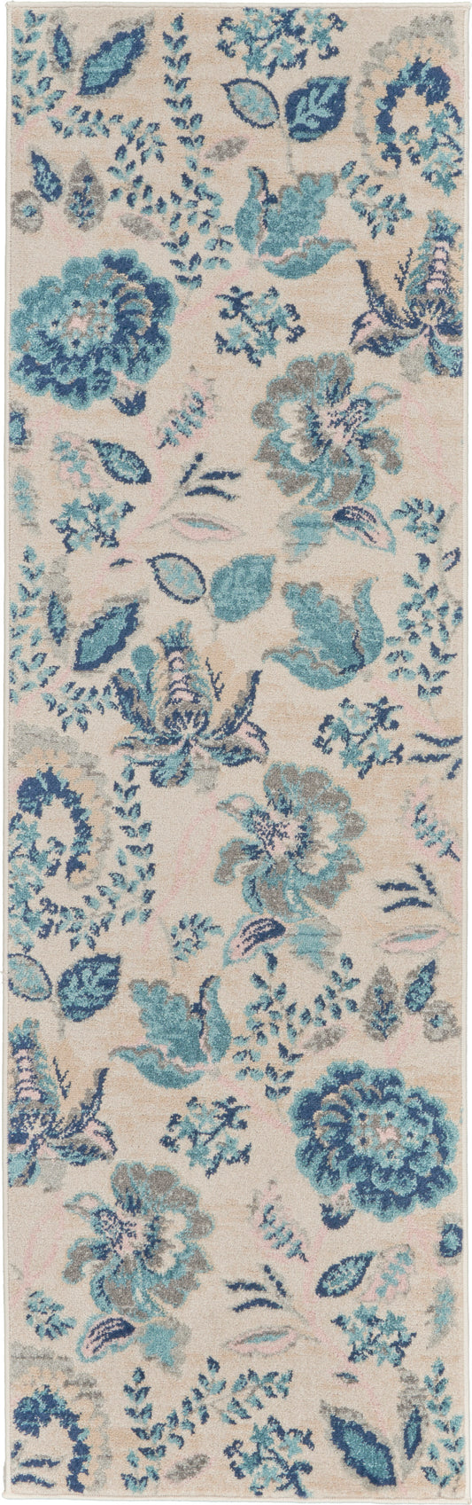 Soft beige floral runner rug with teal, blue and gray blossoms; pastel pink accents and tufted texture.