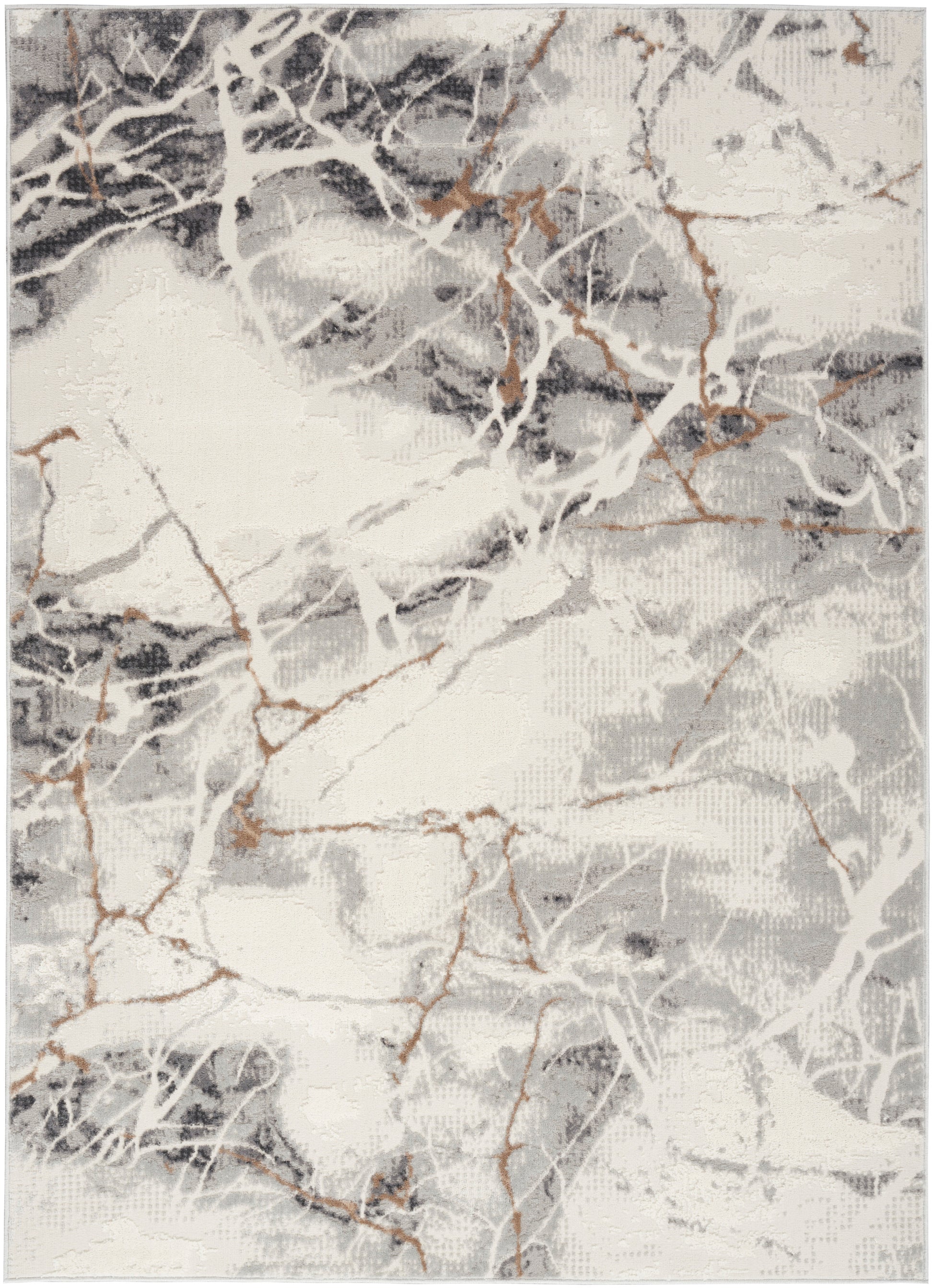Marble-pattern area rug in white and gray with subtle gold veining, modern abstract design.