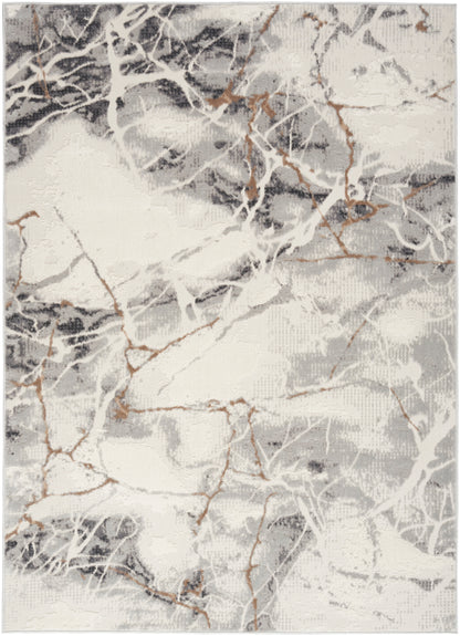 Marble-pattern area rug in white and gray with subtle gold veining, modern abstract design.