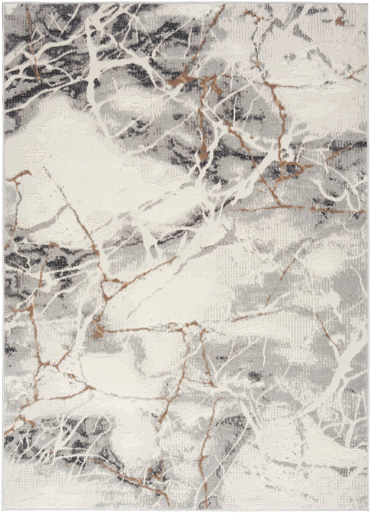 Marble-pattern area rug in white and gray with subtle gold veining, modern abstract design.