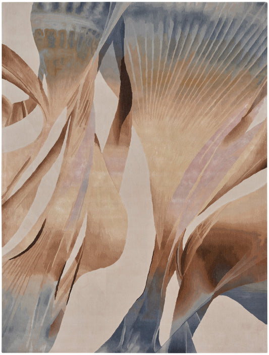 Abstract area rug in warm beige, taupe, brown & blue with flowing curved shapes; modern, artistic decor.