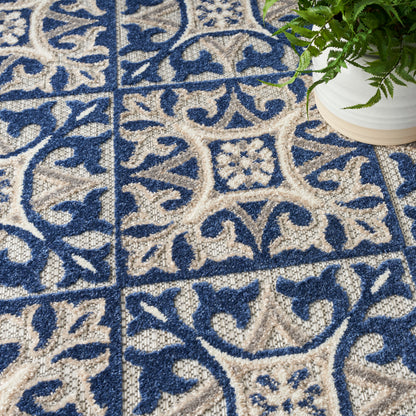Blue and beige ornate patterned rug with floral and geometric motifs, potted green plant in a white ceramic pot nearby.