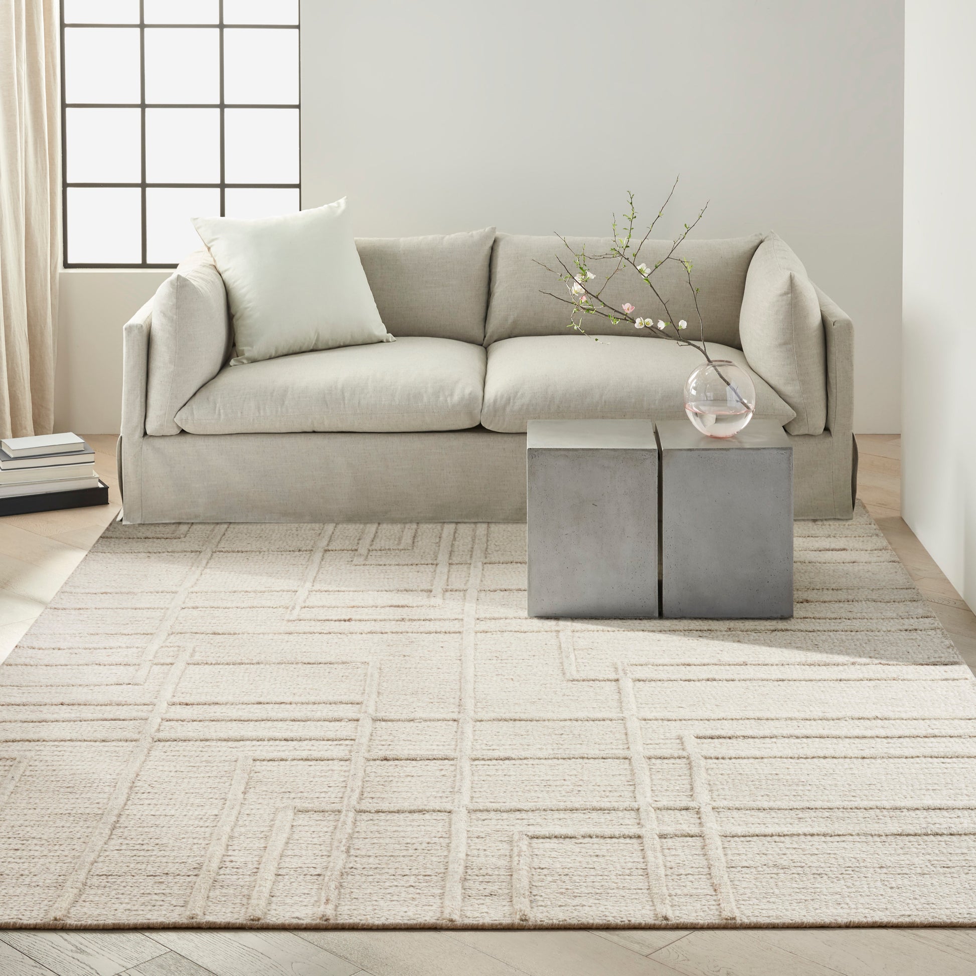 Beige fabric sofa with two cushions in a modern living room, gray cube side tables, glass vase with branches & a light grid-pattern rug.