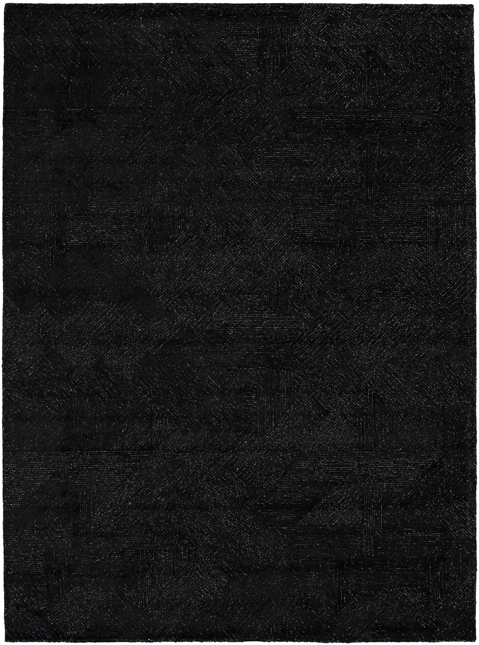 Black textured rug with subtle geometric patchwork, rectangular and modern for contemporary home decor.