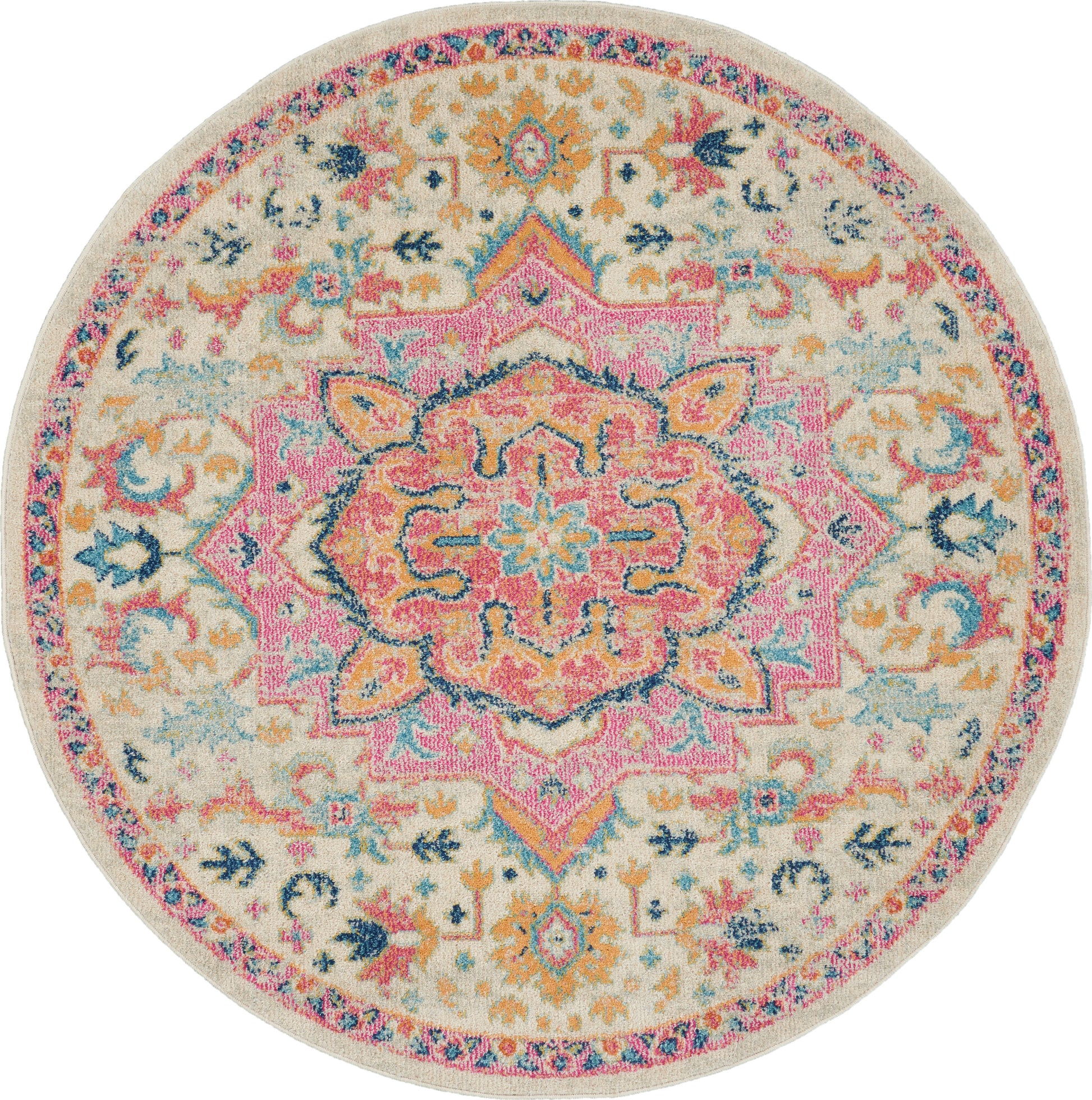 Round boho rug with cream backdrop and a pink central medallion, teal, coral and yellow florals, ornate border pattern.