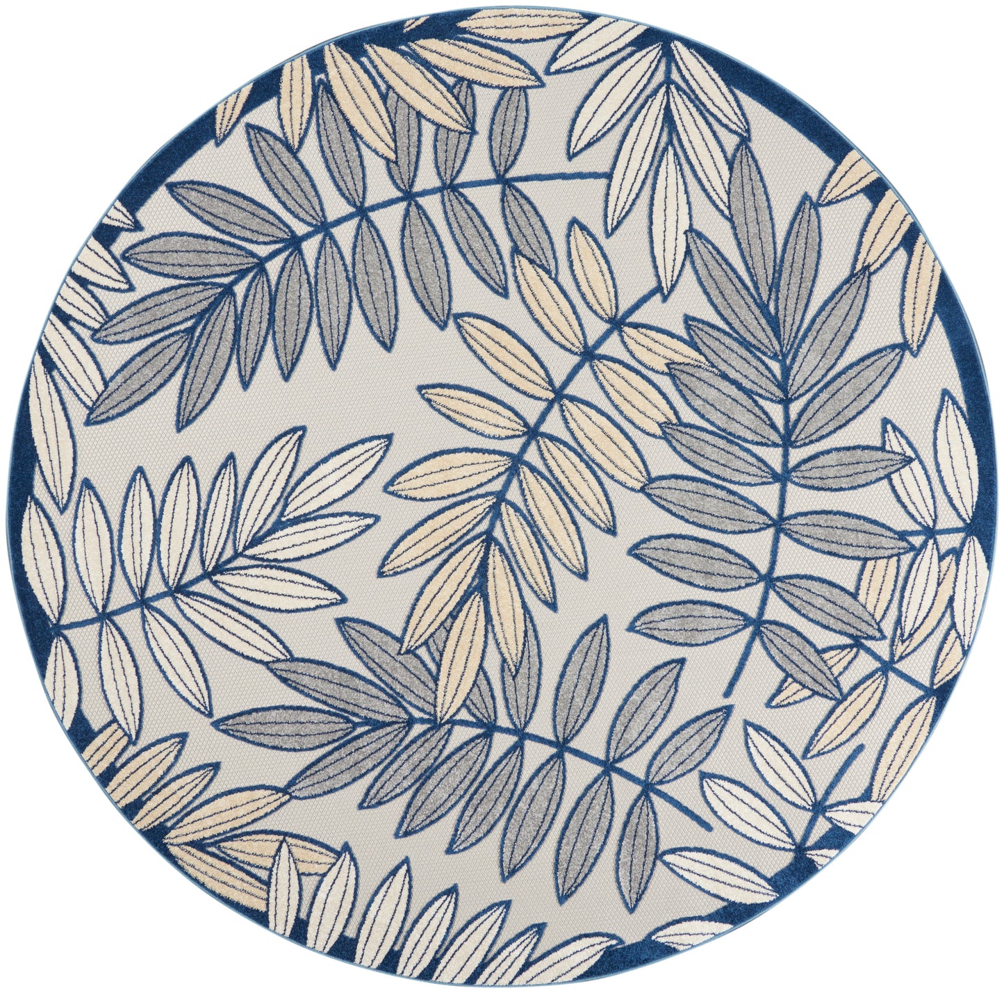 Round rug with navy and beige leaf pattern on a light background and a dark blue rim.