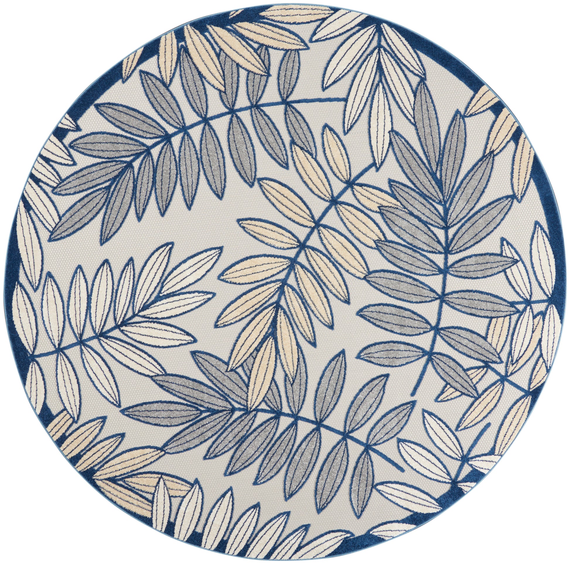 Round rug with navy and beige leaf pattern on a light background and a dark blue rim.