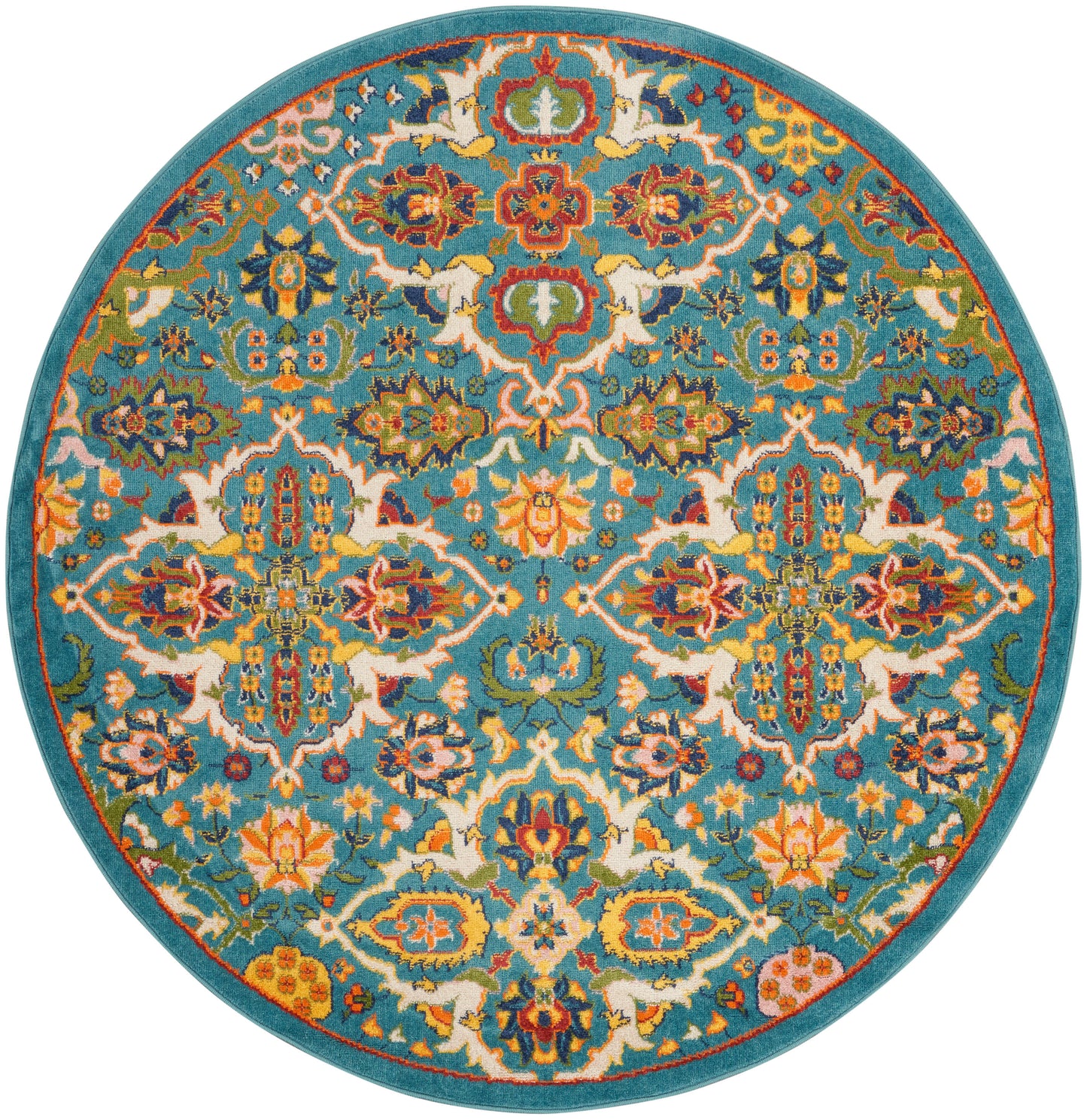 Round turquoise rug with an intricate oriental floral medallion pattern in teal, orange, yellow, pink and white.