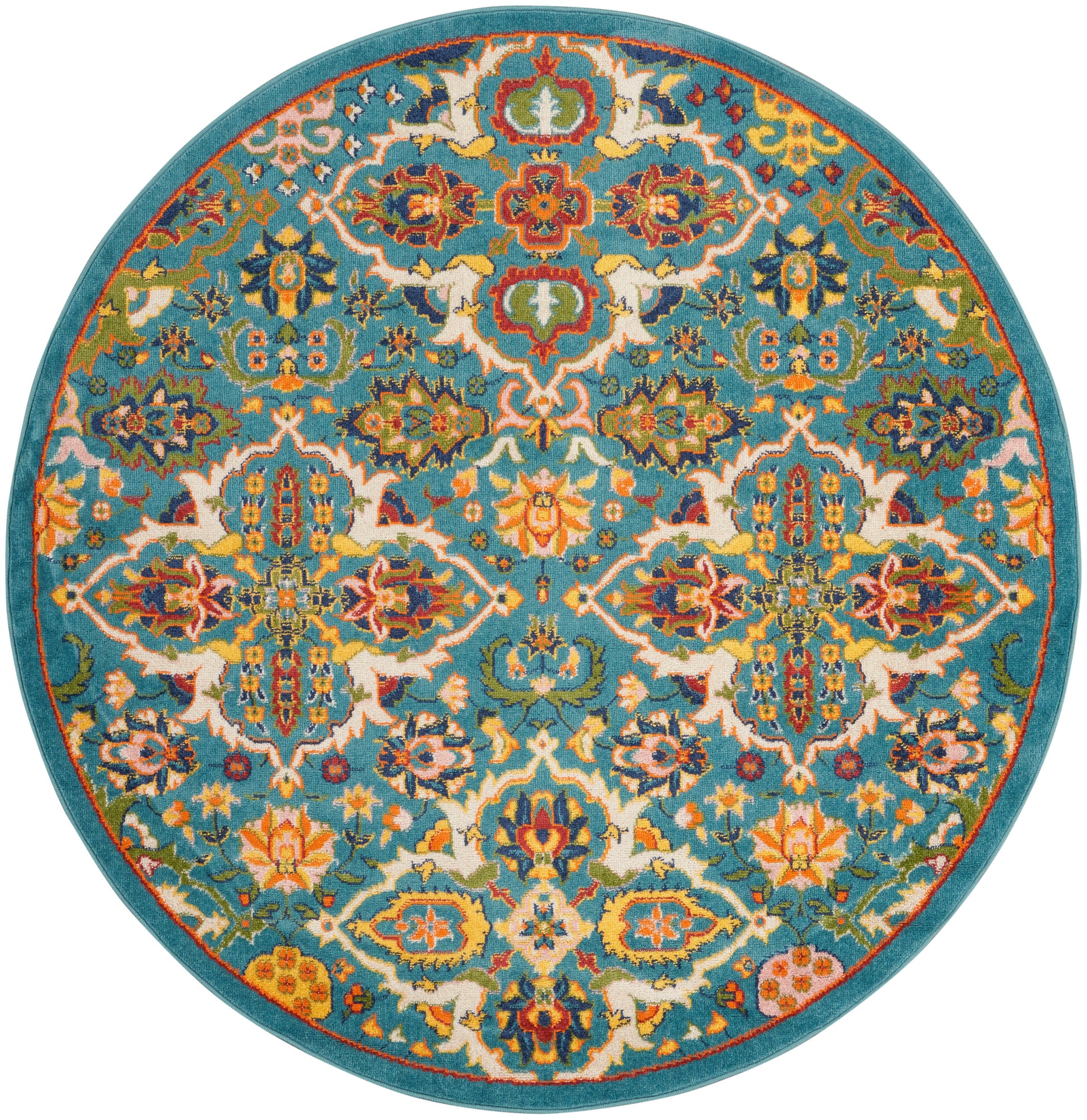 Round turquoise rug with an intricate oriental floral medallion pattern in teal, orange, yellow, pink and white.