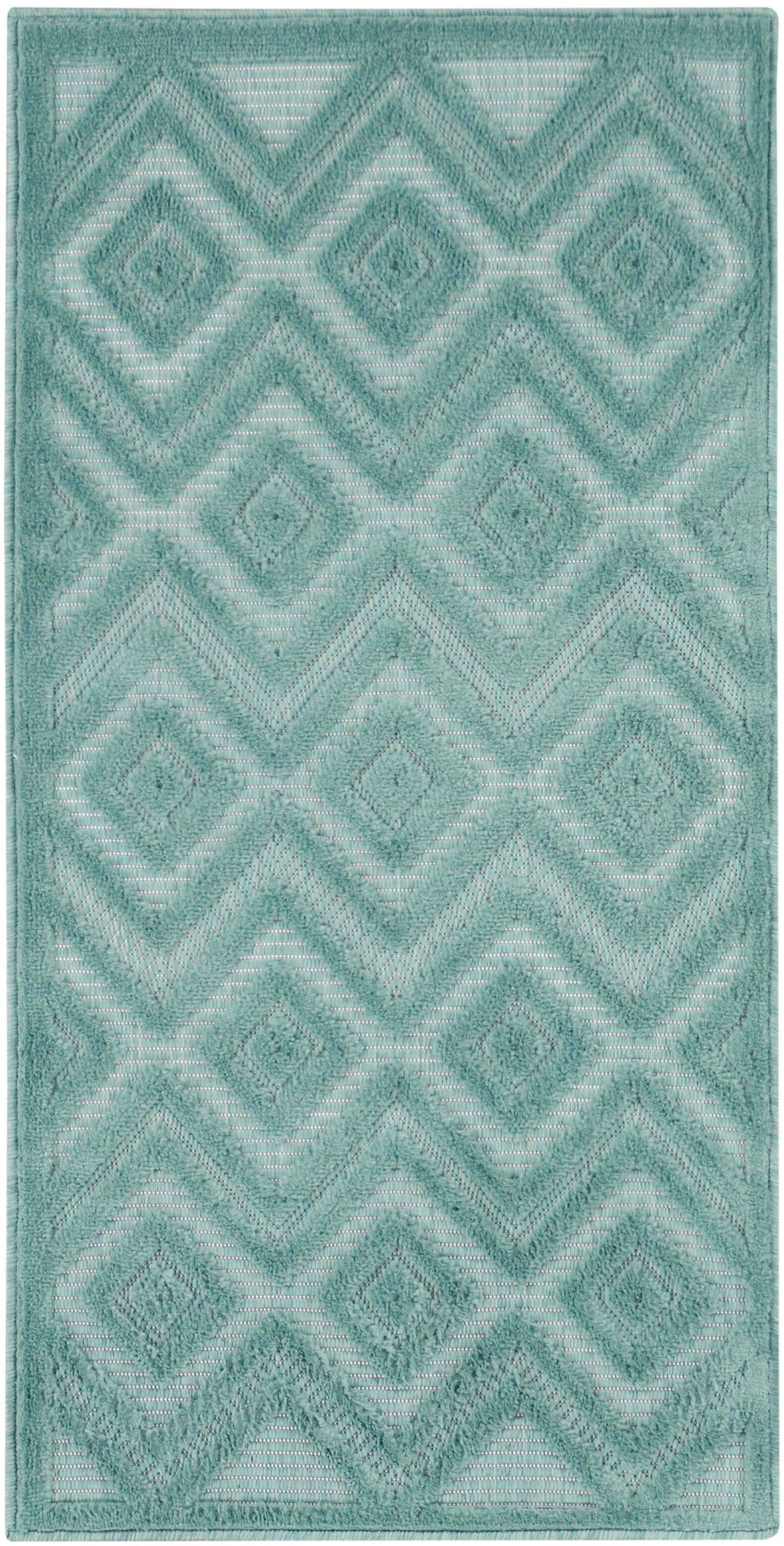 Teal geometric diamond-pattern area rug with plush loop-pile texture, rectangular shape.
