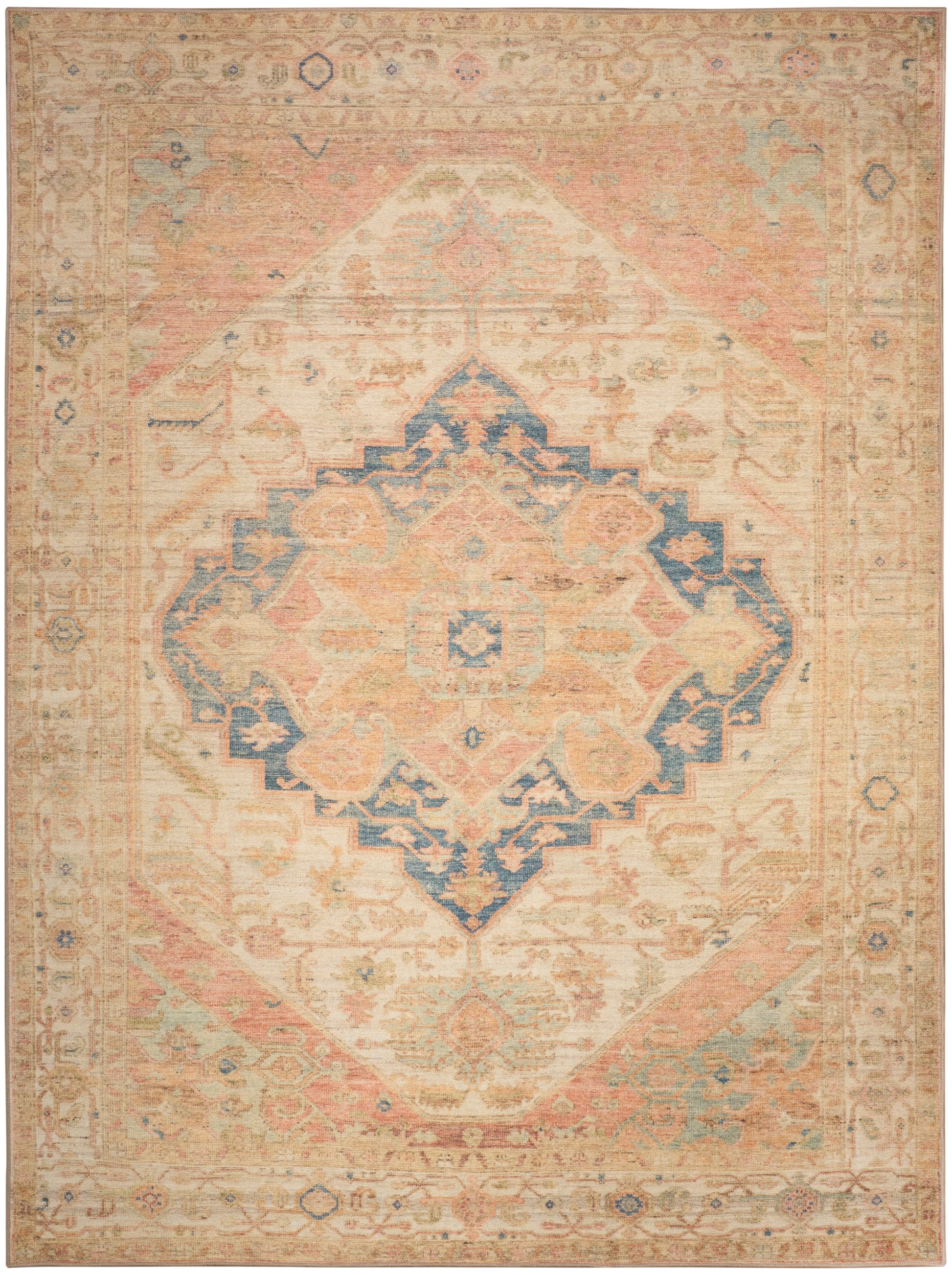 Distressed oriental rug with warm beige field, pale pink accents, and blue central medallion; rectangular vintage look.