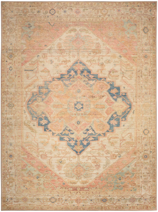 Distressed oriental rug with warm beige field, pale pink accents, and blue central medallion; rectangular vintage look.