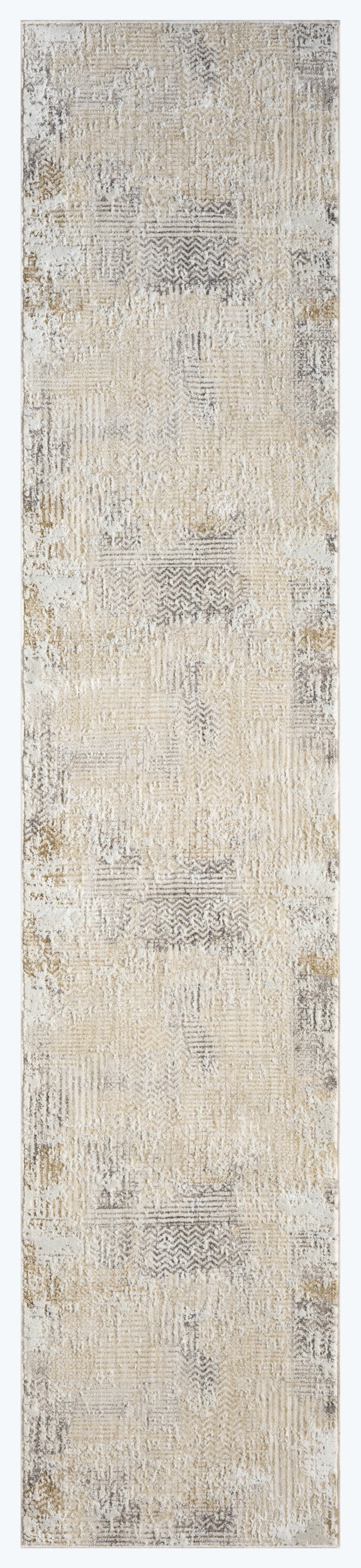 Long beige and taupe abstract patchwork rug runner with cream highlights; distressed textured pattern.