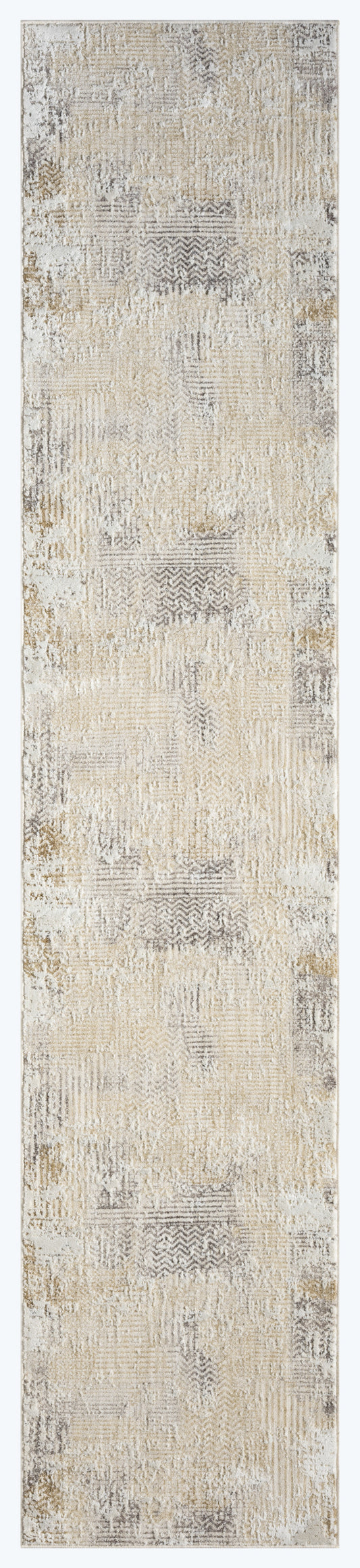 Long beige and taupe abstract patchwork rug runner with cream highlights; distressed textured pattern.
