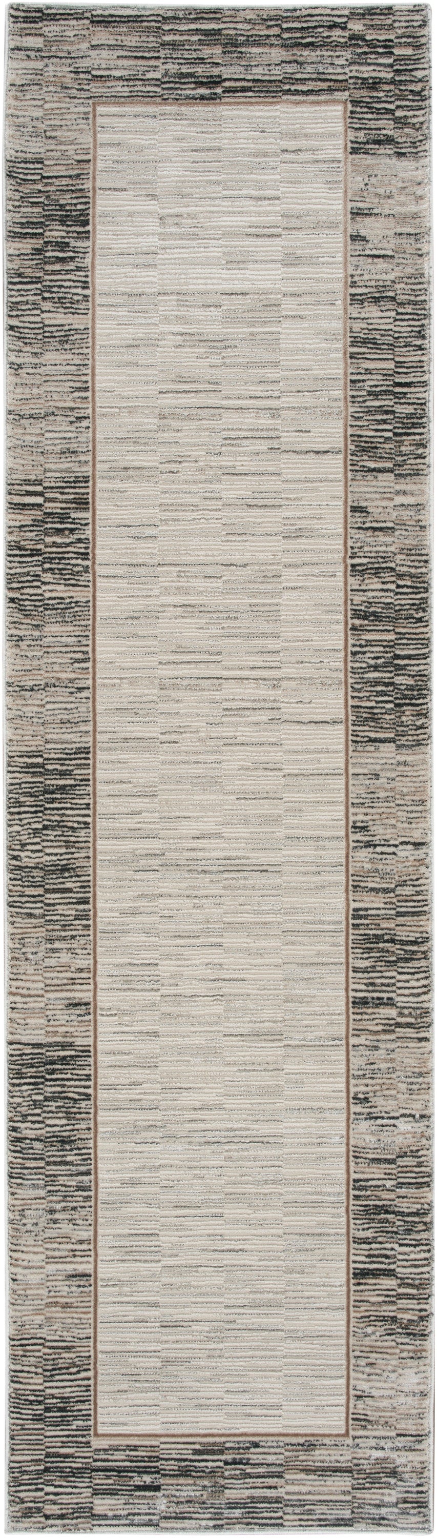 Long rectangular runner rug: cream central field, slim tan border, and charcoal speckled outer border; hallway decor.