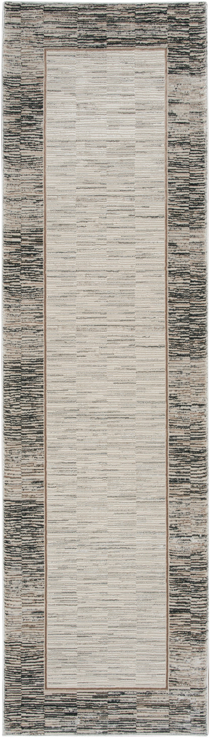 Long rectangular runner rug: cream central field, slim tan border, and charcoal speckled outer border; hallway decor.