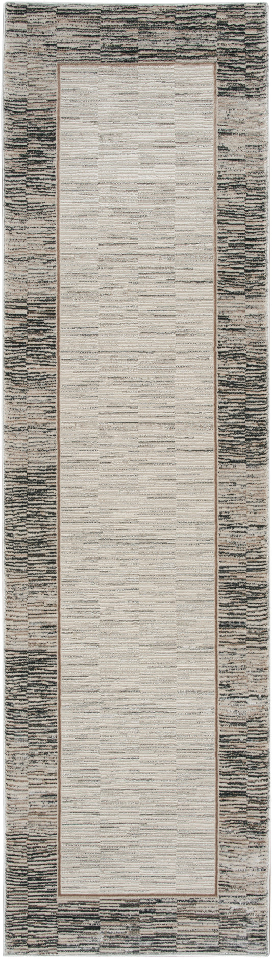 Long rectangular runner rug: cream central field, slim tan border, and charcoal speckled outer border; hallway decor.
