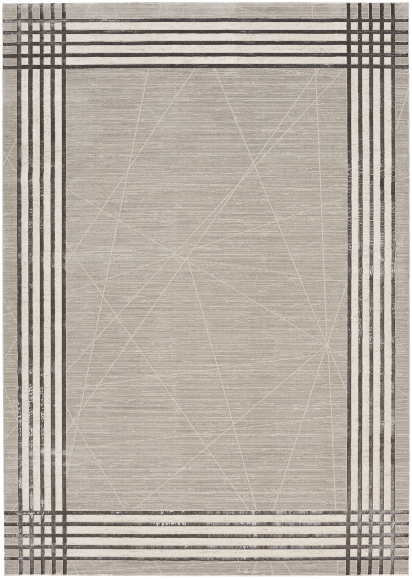 Beige rectangular woven rug with charcoal striped border and subtle geometric lines for modern living spaces.