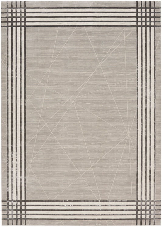 Beige rectangular woven rug with charcoal striped border and subtle geometric lines for modern living spaces.