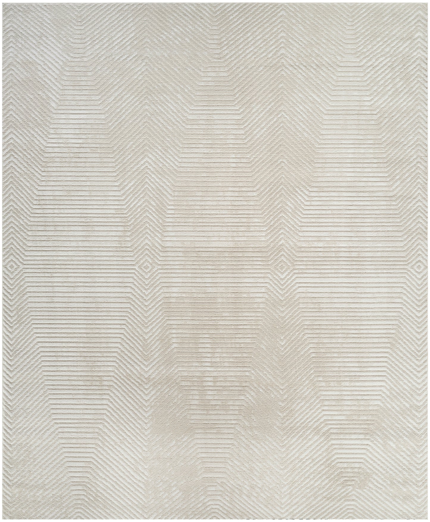 Light beige rug with a subtle chevron geometric pattern in soft, neutral tones; modern decor piece.