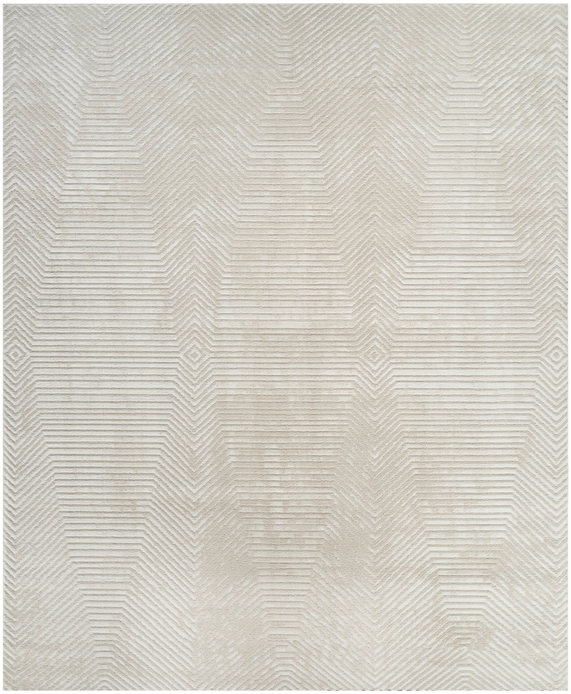 Light beige rug with a subtle chevron geometric pattern in soft, neutral tones; modern decor piece.