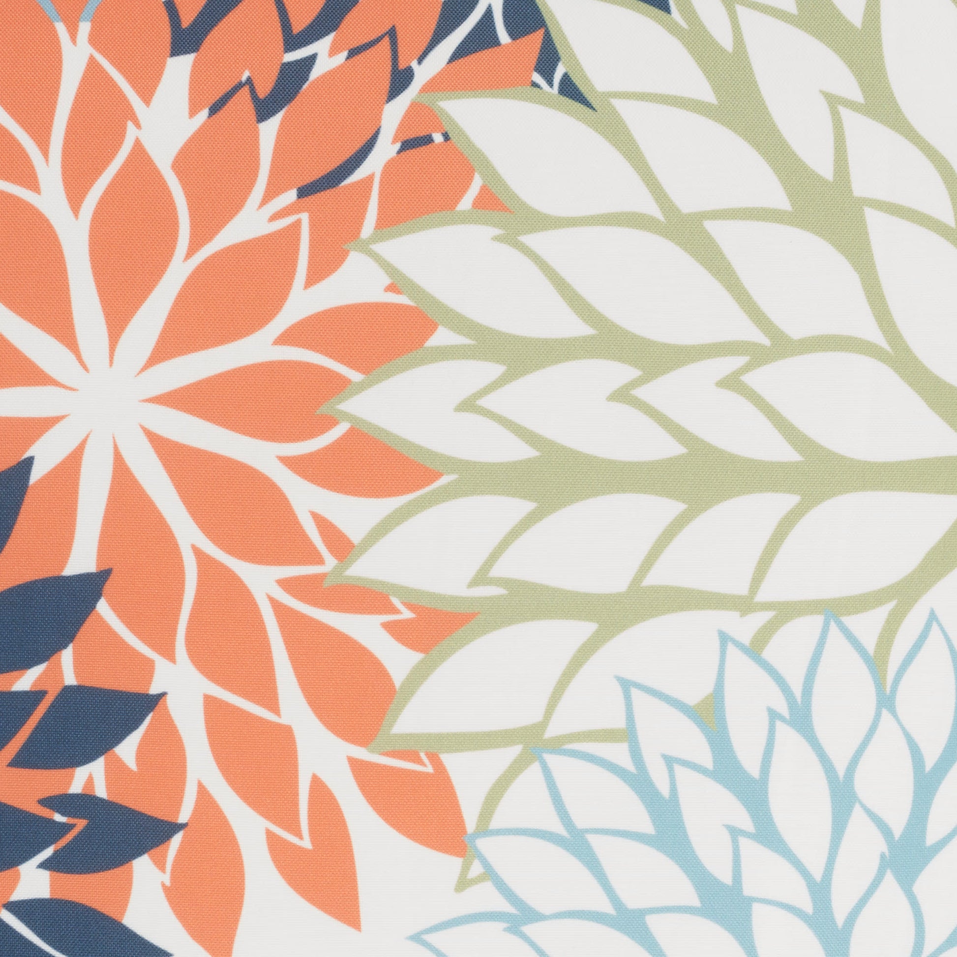 Colorful abstract floral print with oversized orange, mint green, and pale blue petals on white background.