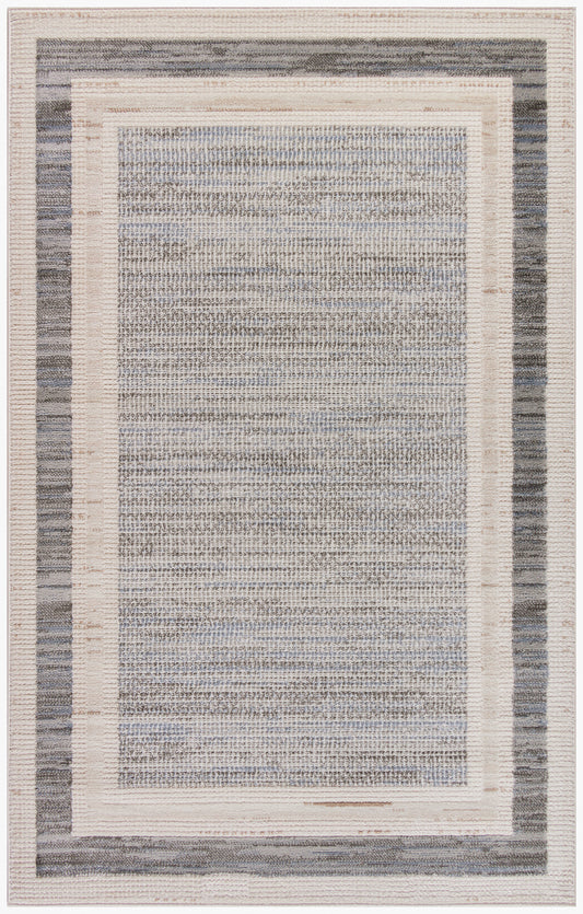 Layered border area rug in cream, beige, taupe & blue-gray; soft textured center, modern neutral style.