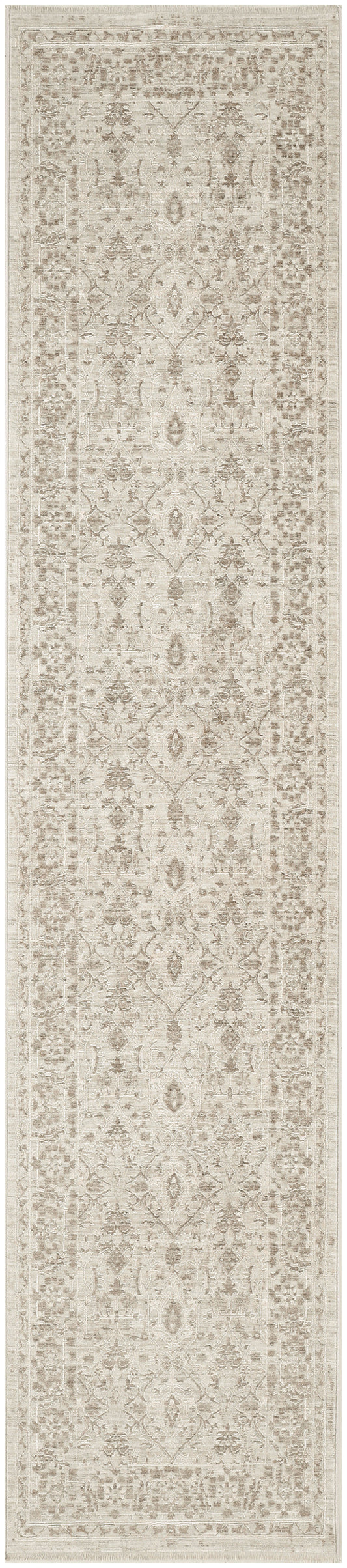 Long beige distressed oriental runner rug with muted taupe floral medallions and bordered edges.