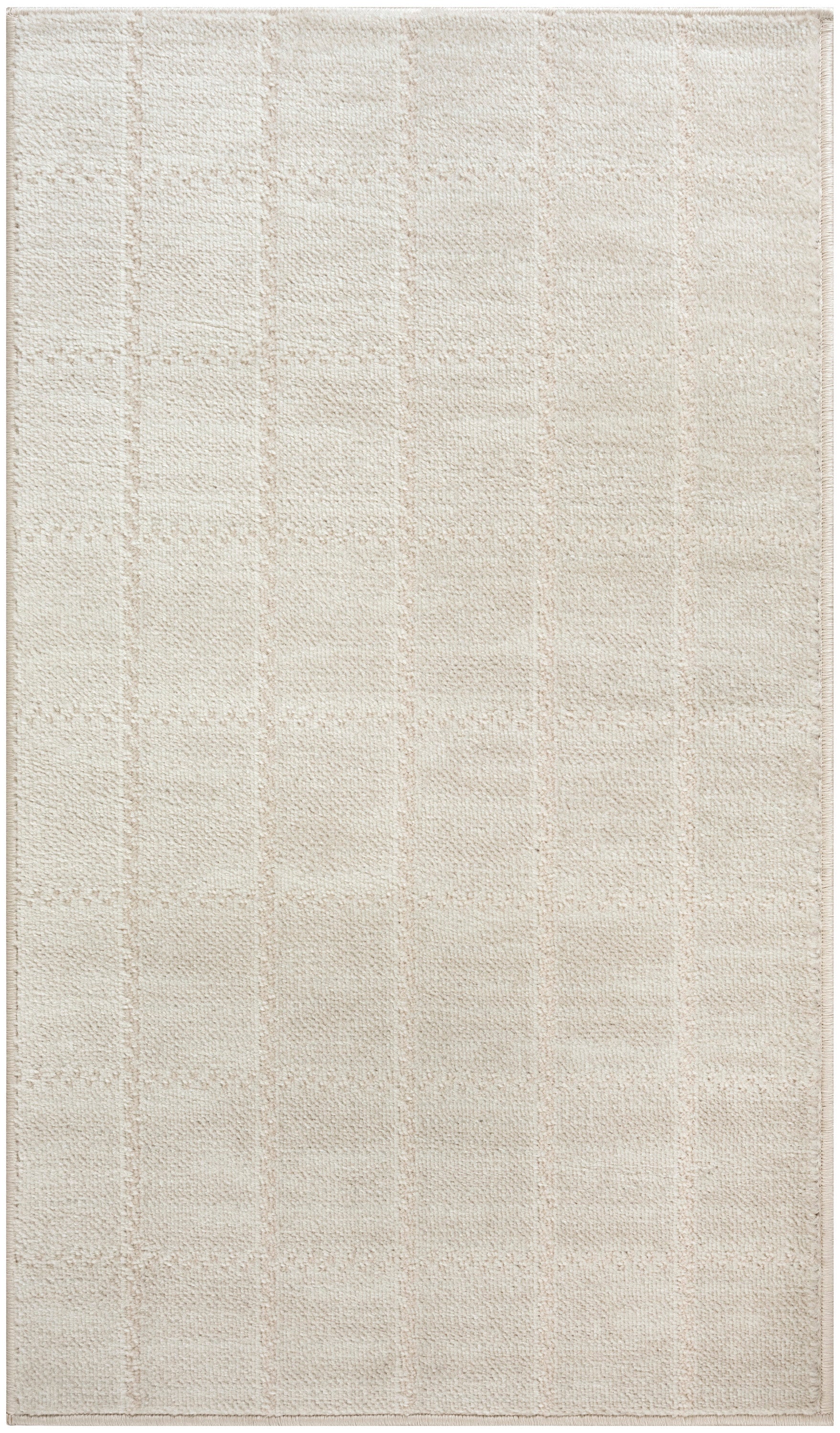 Cream woven area rug with subtle checkered stripe pattern; soft textured loops, rectangular shape.