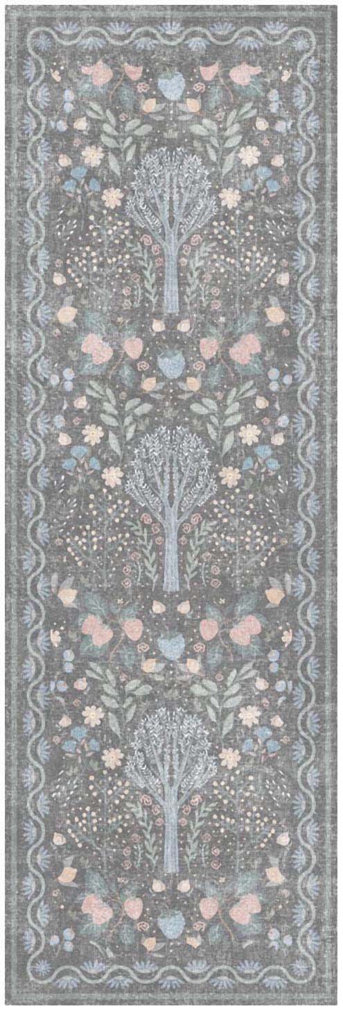 Decorative long textile runner with pale blue tree motifs and peach blossoms on gray-blue background and ornate borders.