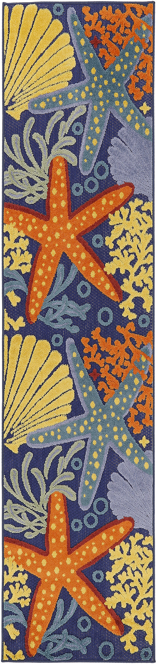 Coastal ocean runner rug with orange and teal starfish, seashells and coral on a navy background.