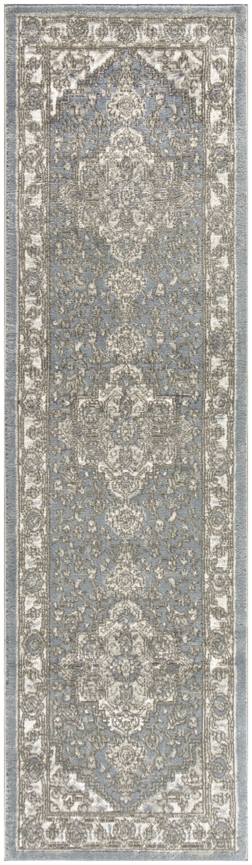 Persian-style runner rug with a muted blue-gray field, ivory arabesque medallions, and a pale floral border.