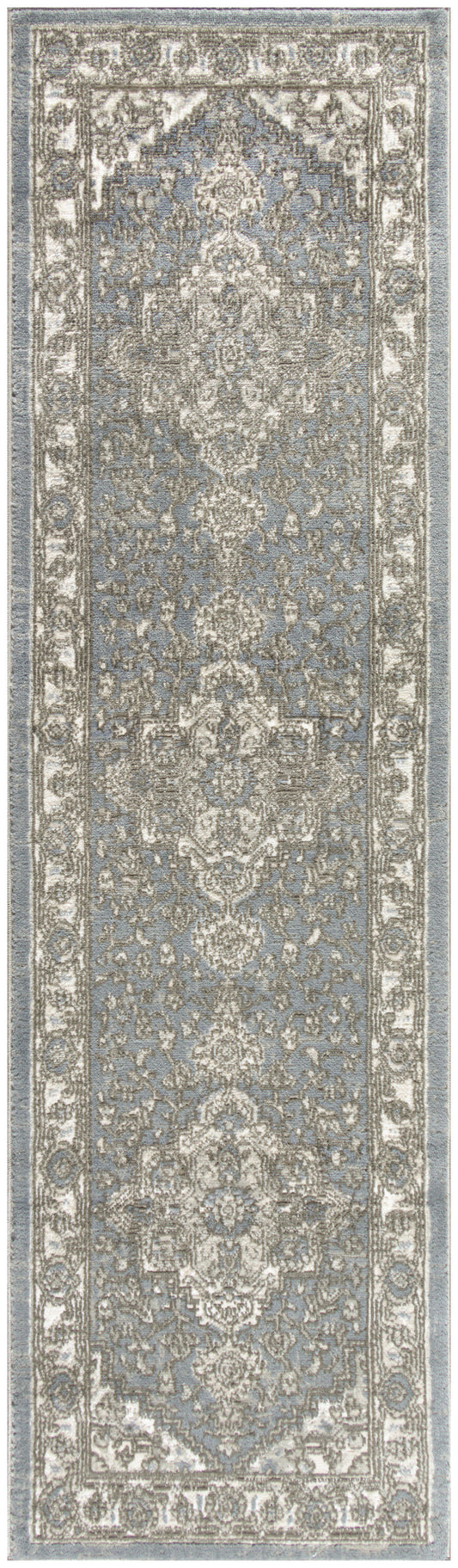 Persian-style runner rug with a muted blue-gray field, ivory arabesque medallions, and a pale floral border.