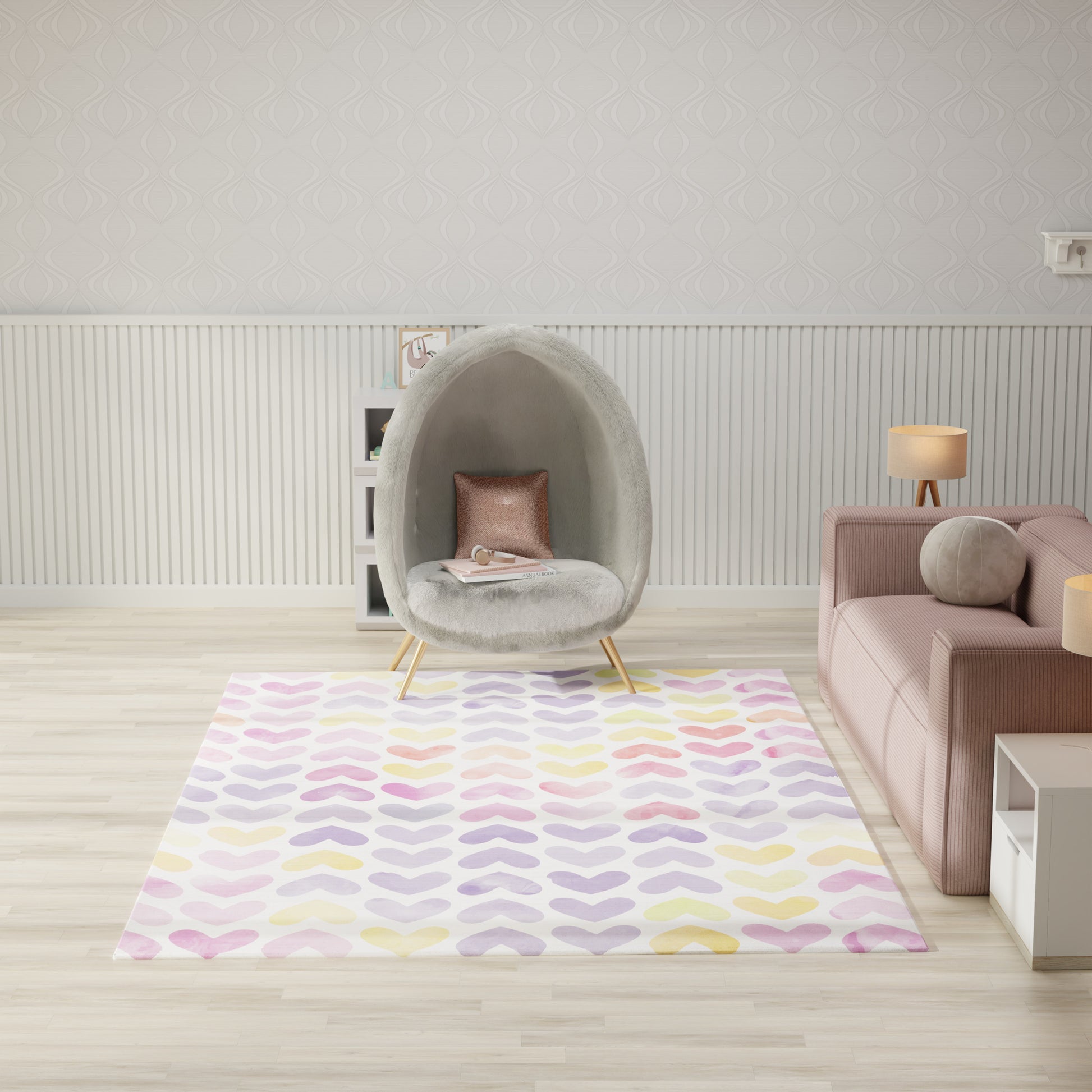 Grey fuzzy egg chair with wooden legs on pastel chevron rug beside a pink sofa in a modern living room.