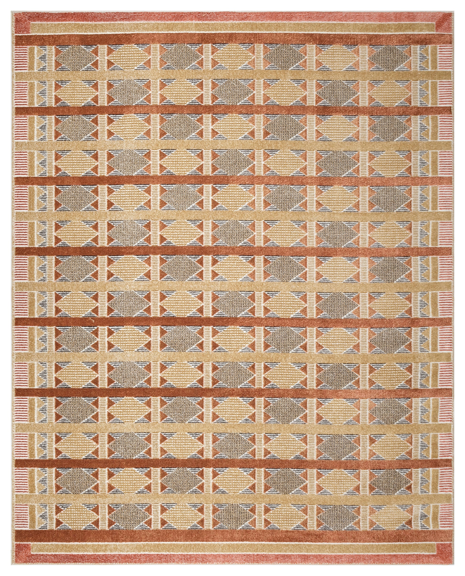 Geometric kilim-style flatweave rug in warm beige, tan, rust and gray with diamond motifs and striped border.