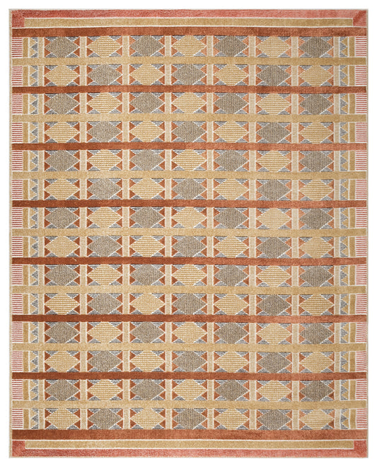 Geometric kilim-style flatweave rug in warm beige, tan, rust and gray with diamond motifs and striped border.