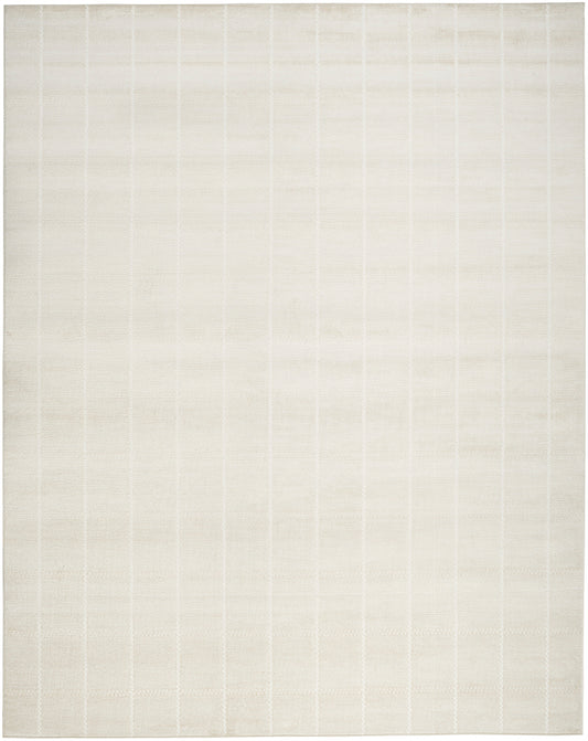 Cream flatwoven rug with subtle vertical gridlines for a minimalist contemporary living room.