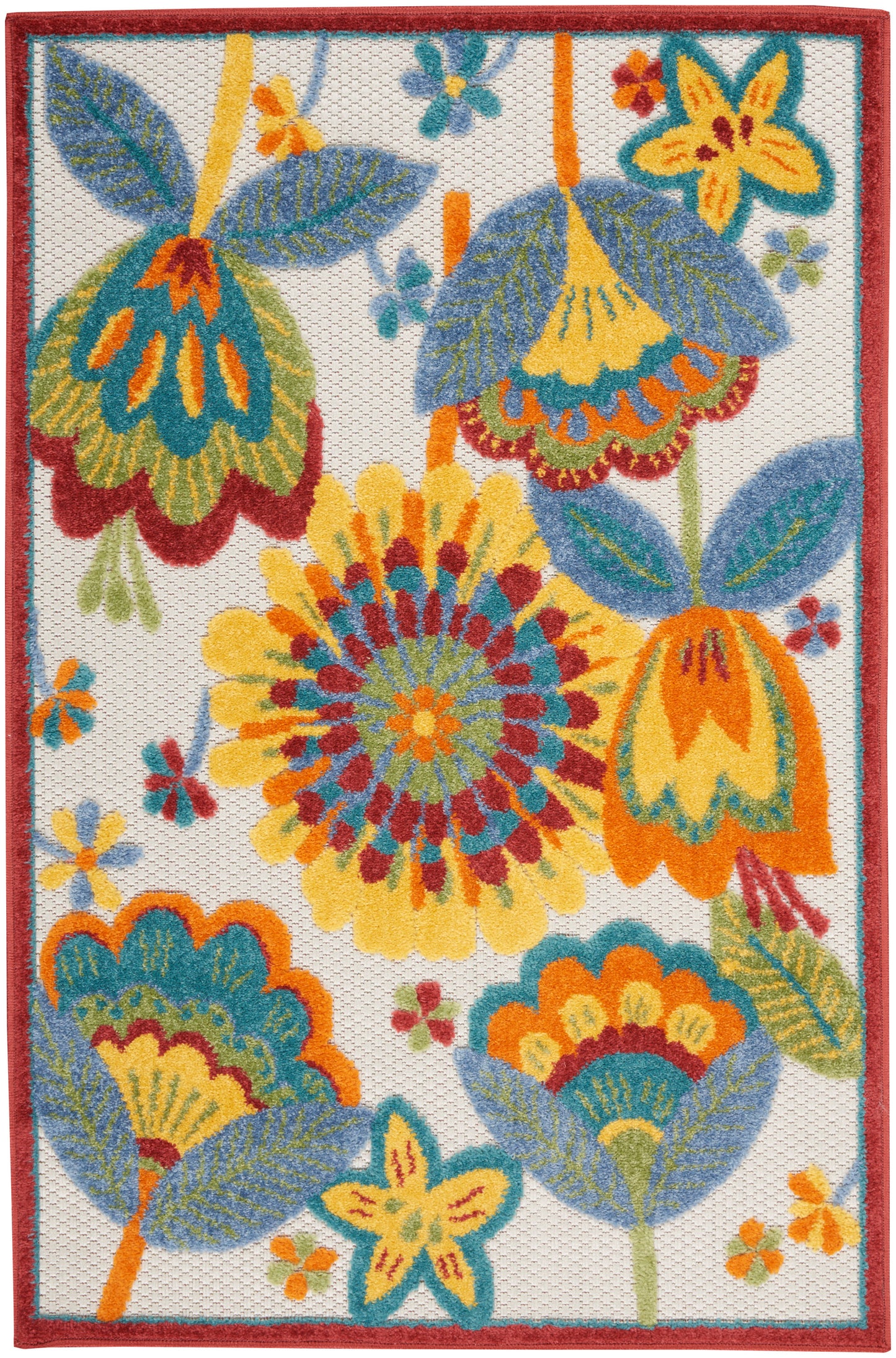 Rectangular floral rug with oversized tropical blooms in yellow, orange, teal, blue; red border.