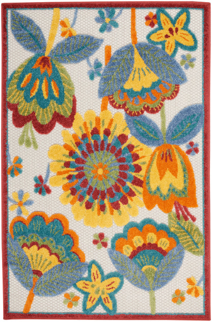 Rectangular floral rug with oversized tropical blooms in yellow, orange, teal, blue; red border.