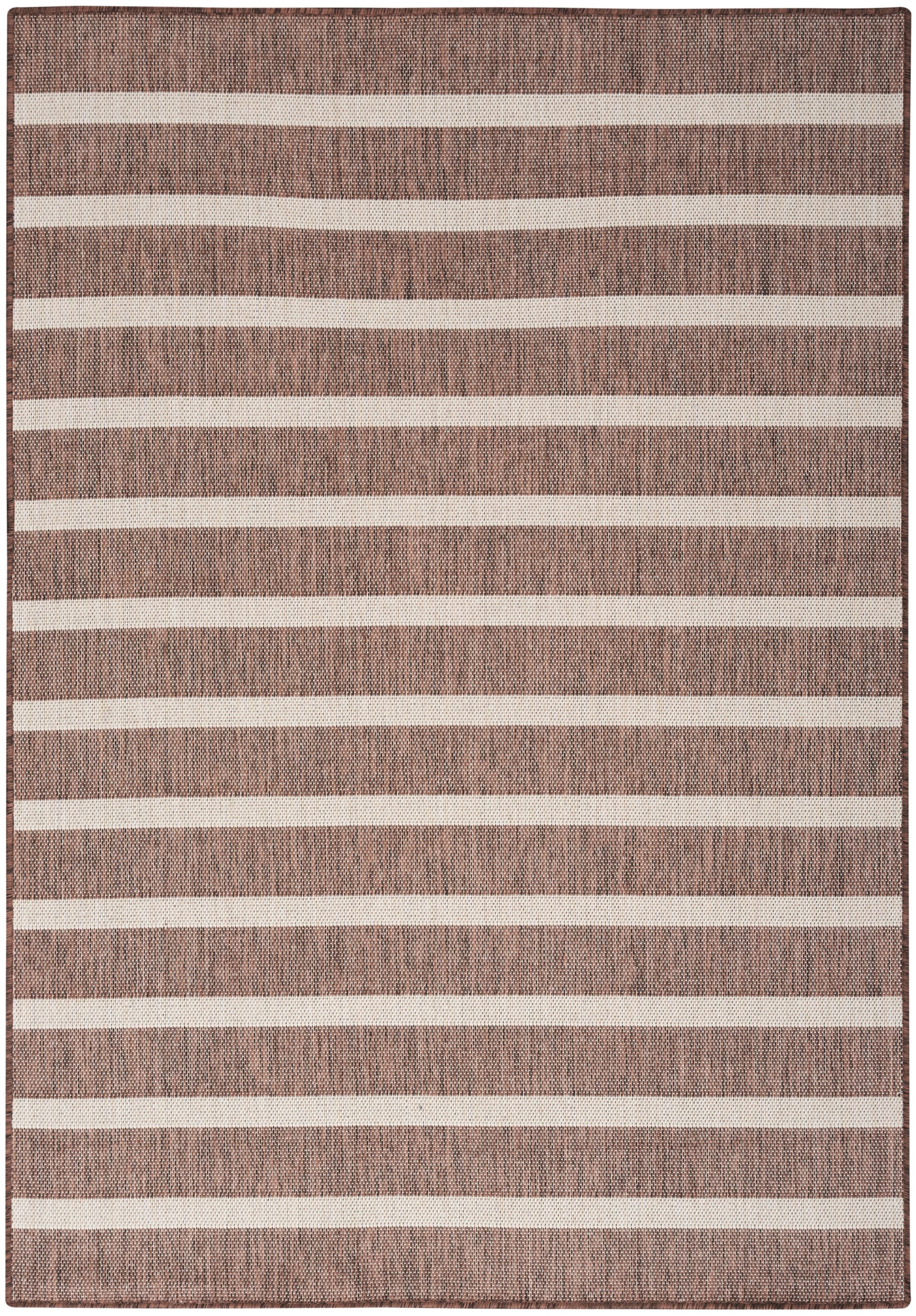 Brown textured rug with wide cream horizontal stripes; rectangular, woven rug, 7' x 10'.