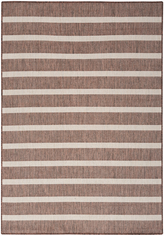 Brown textured rug with wide cream horizontal stripes; rectangular, woven rug, 7' x 10'.