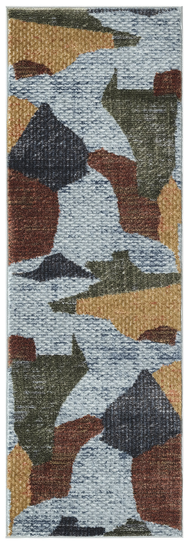 Abstract geometric runner rug in blue tones with orange, tan and olive shapes; textured pile.