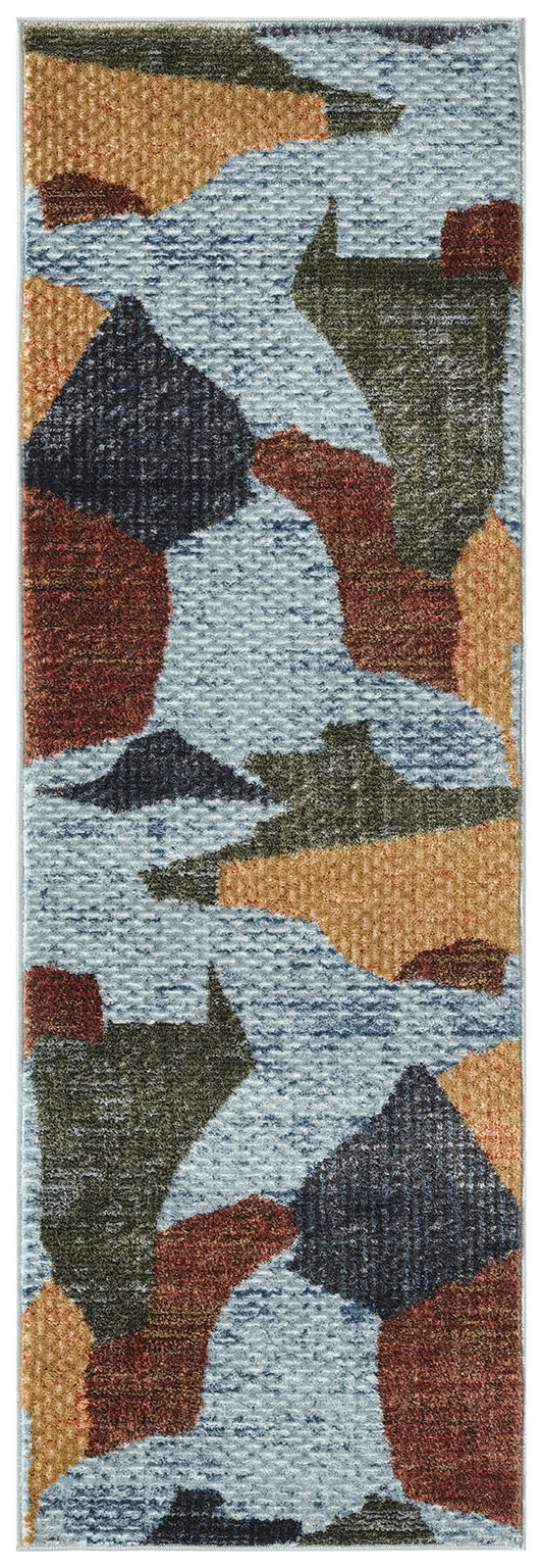 Abstract geometric runner rug in blue tones with orange, tan and olive shapes; textured pile.