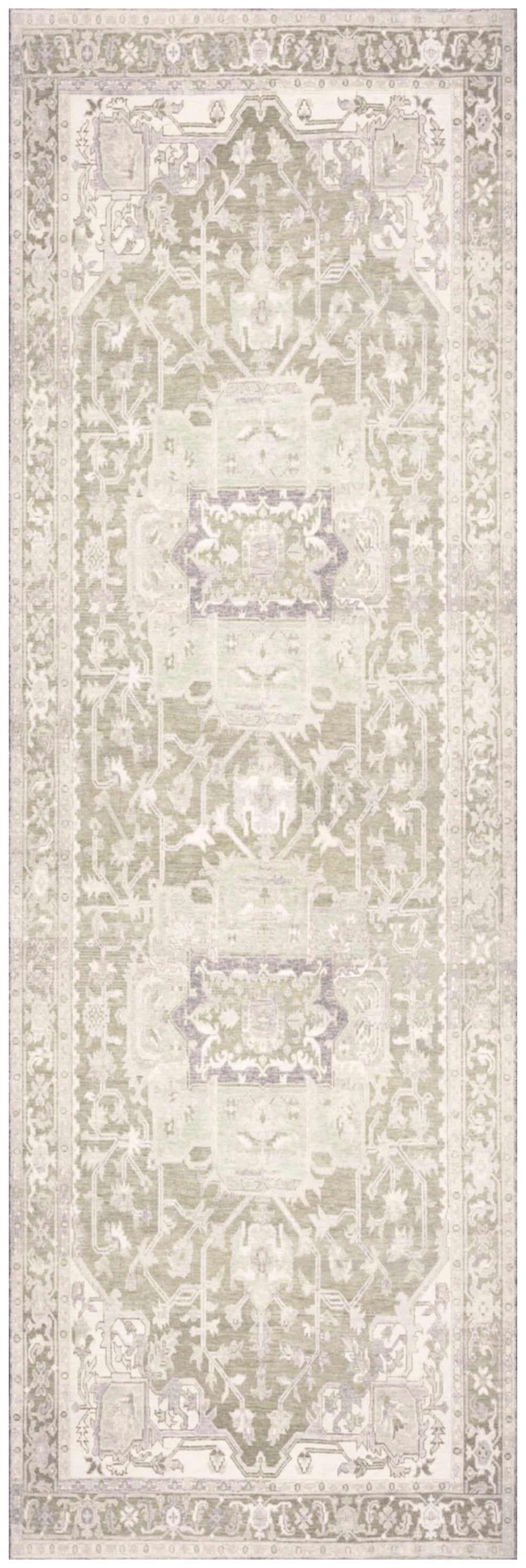 Cream-beige vintage oriental rectangular rug with distressed floral medallion center and ornate border.