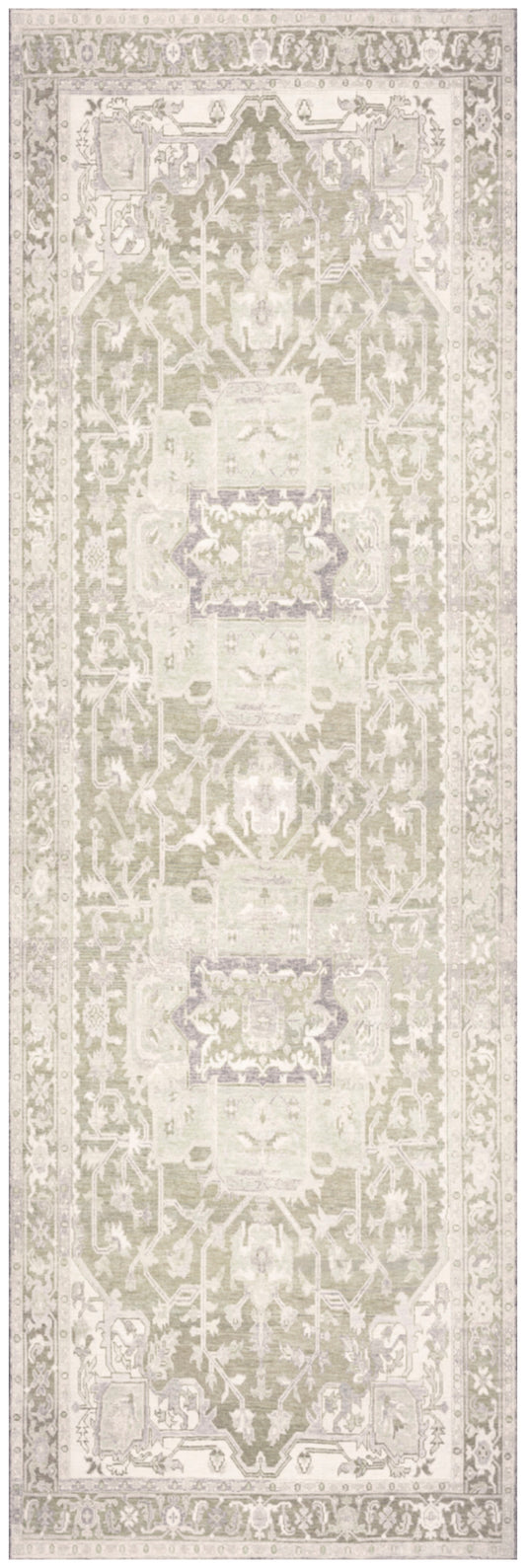 Cream-beige vintage oriental rectangular rug with distressed floral medallion center and ornate border.